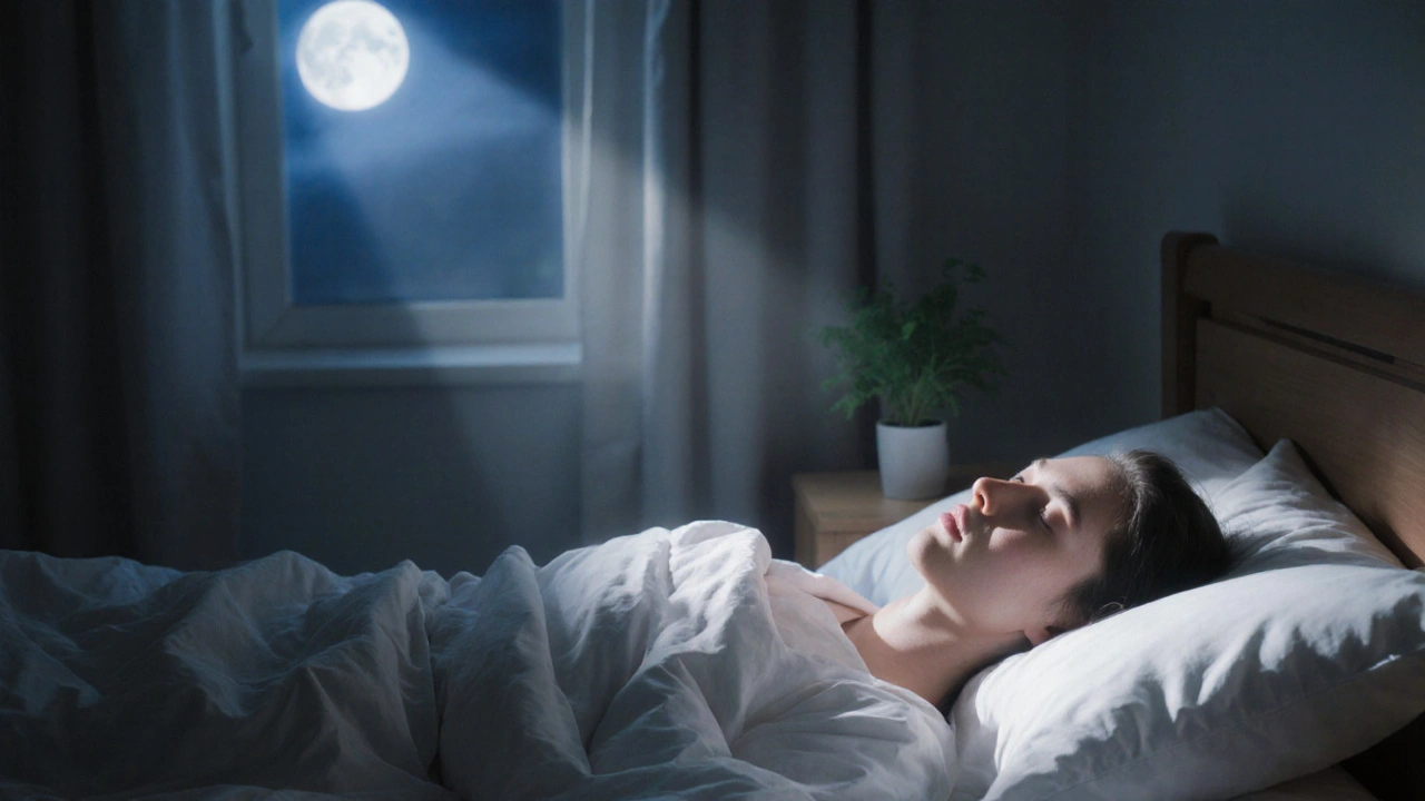 Osoba spí v klidné místnosti za měsíčního světla, klidný spánek jako základ fyzického pohody.