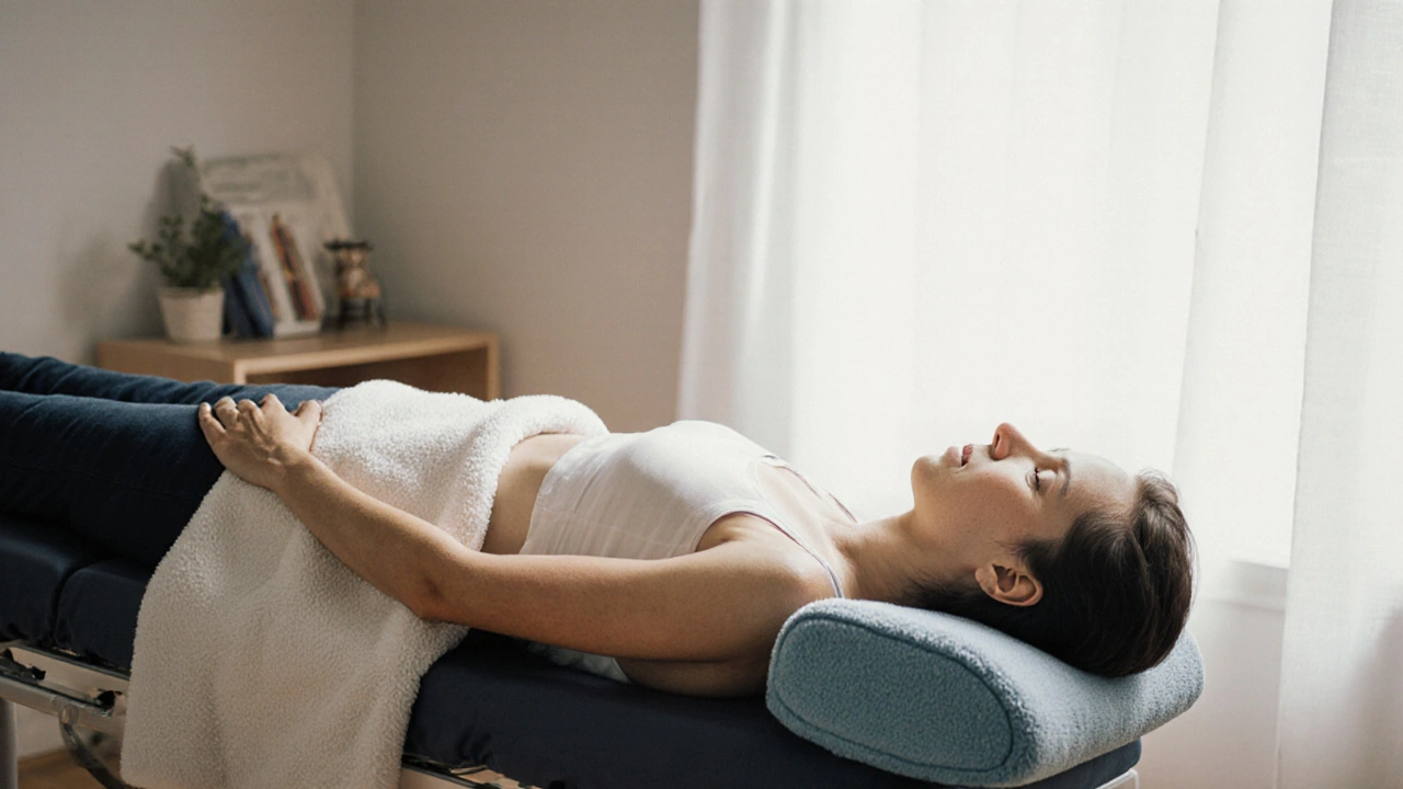 Pacient leží na břiše s U-čkovou podložkou pod břichem, aby se ploténka úplně odlehčila.