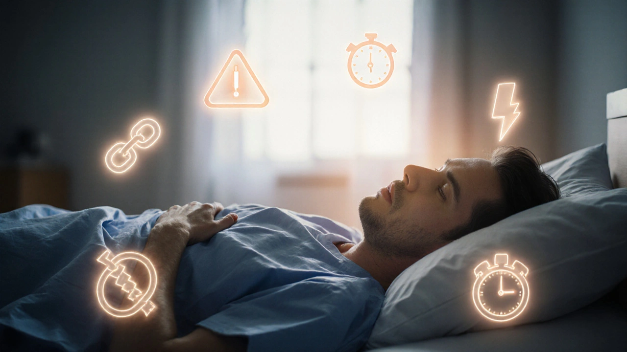 Pacient se probouzí po narkóze, rizika se vypařují v teplém světle, symbolizující bezpečí.