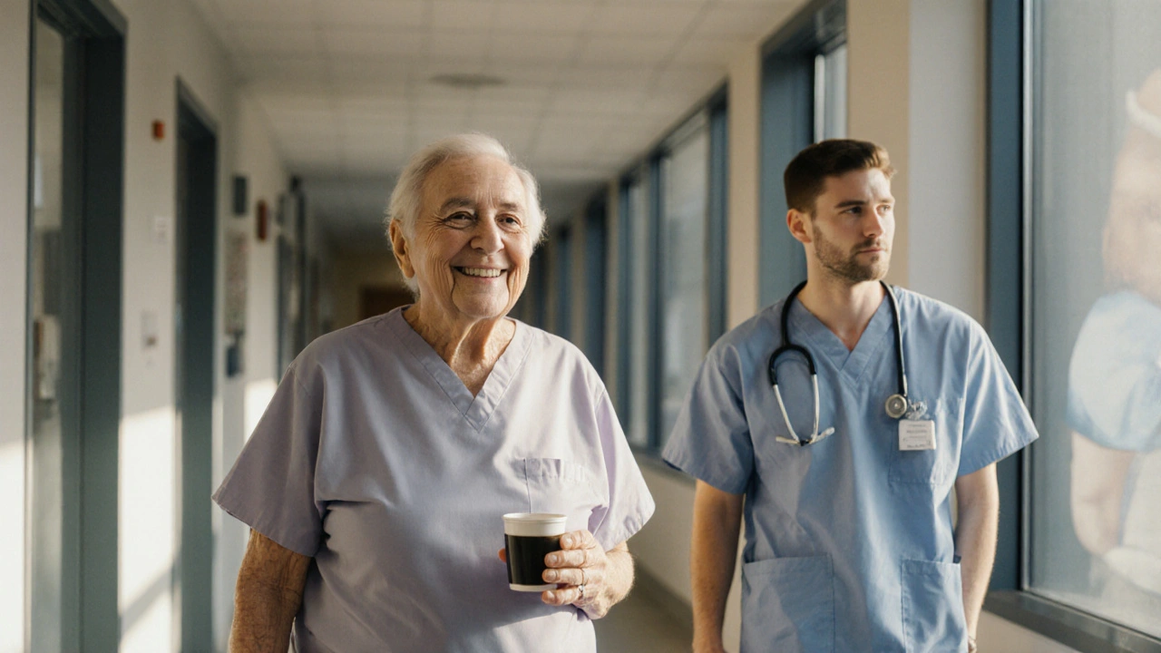 Pacient se směje, když se vrací k běžnému životu, chirurg ho pozoruje s hrdostí.