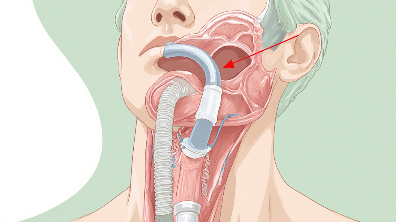 Podrobný náčrt průdušky s intubační trubicí a rizikem aspirace během narkózy.