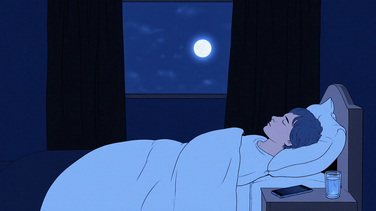 Pokoj v noci s vypnutým telefonem a klidně spící osobou.