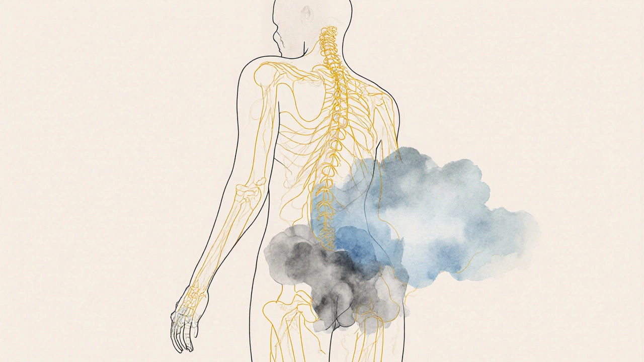 Průhledný lidský tělo s nervy a emocionální energií spojenými s bolestí zad.