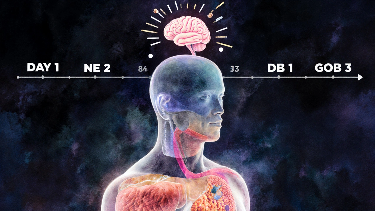 Průřez lidského těla ukazující rozklad glykogenu, tuků a svalové hmoty.