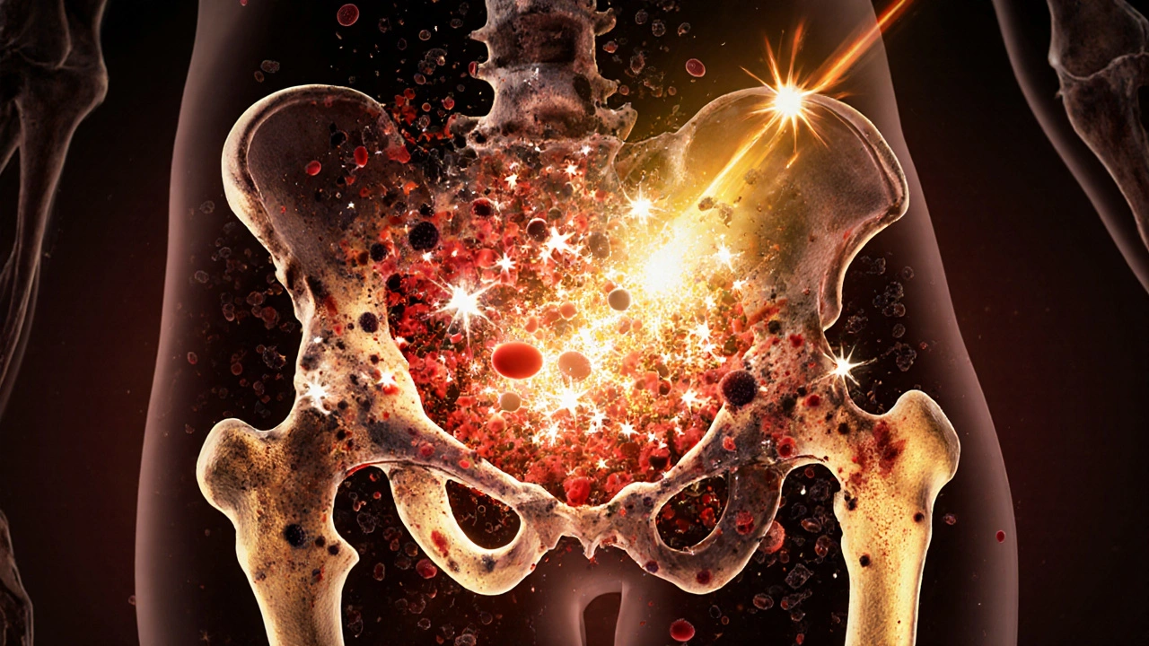 Průřez těla ukazující hojivou činnost kostní dřeně ve vnitřních kostech.