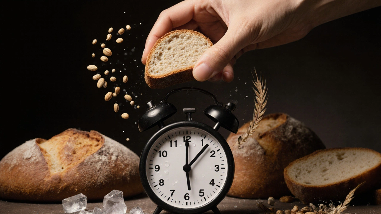 Ruka drží kousek kvasového chleba nad časovačem 24 hodin, kolem přírodní složky.