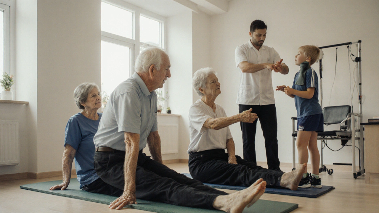 Různí pacienti probírají rehabilitaci: fyzikální terapie, ergoterapie a logopedie.