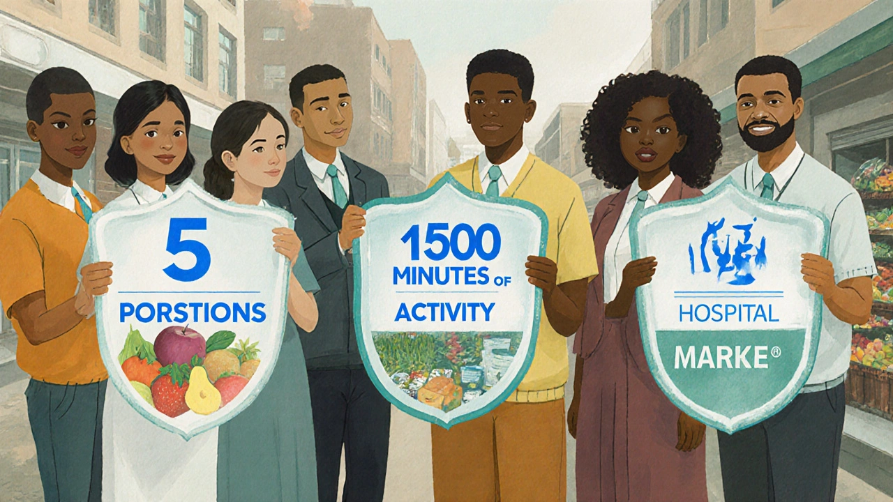 Různorodá skupina lidí drží štíty s doporučeními WHO o stravování a pohybu, odražené v různých prostředích.