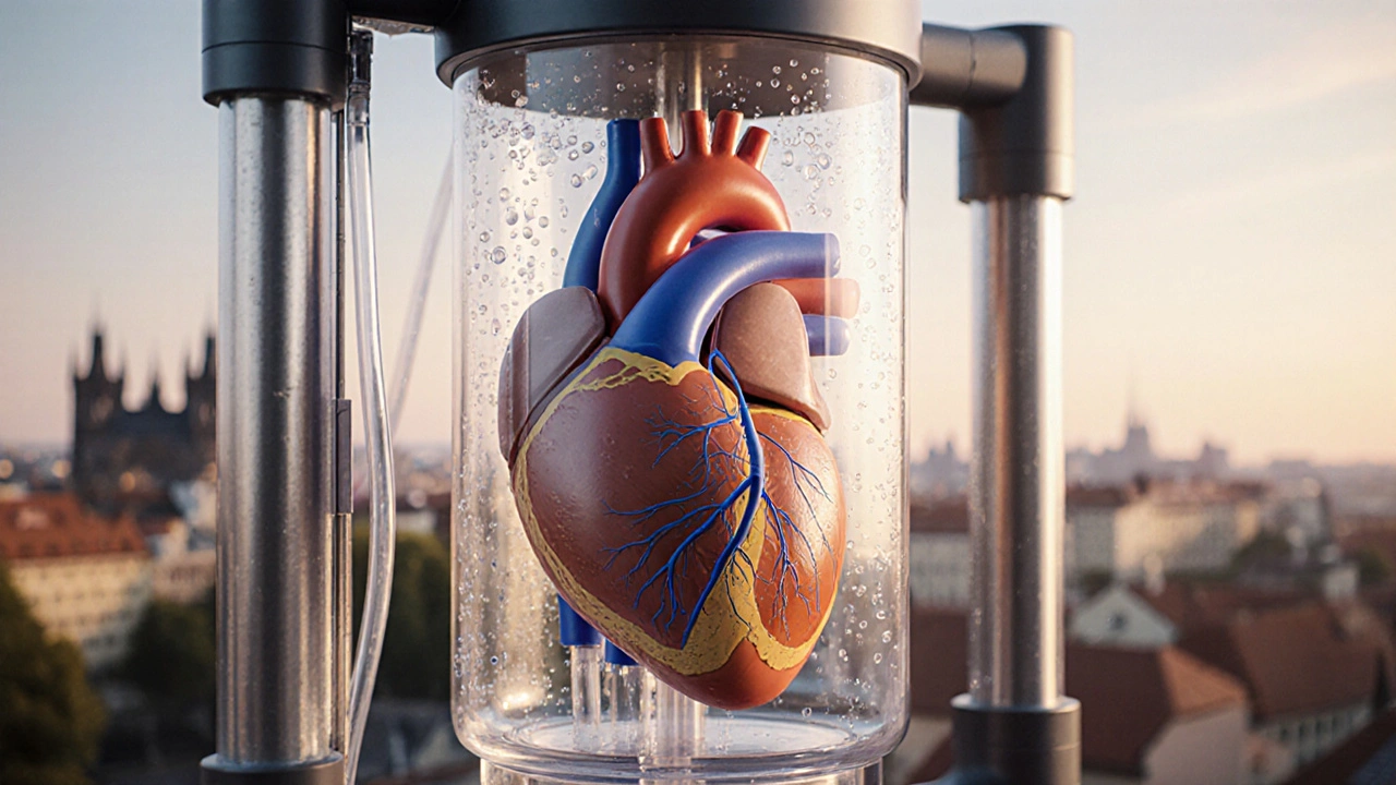 Srdce bující v ex vivo perfuzním systému s průběžným dodáváním kyslíku a živin.