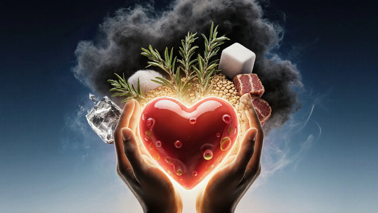 Srdce chráněné zdravými potravinami, zatímco nezdravé složky se rozptylují jako kouř.