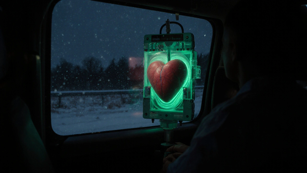 Srdce přepravováno v perfuzním zařízení během noční cesty po české krajince.