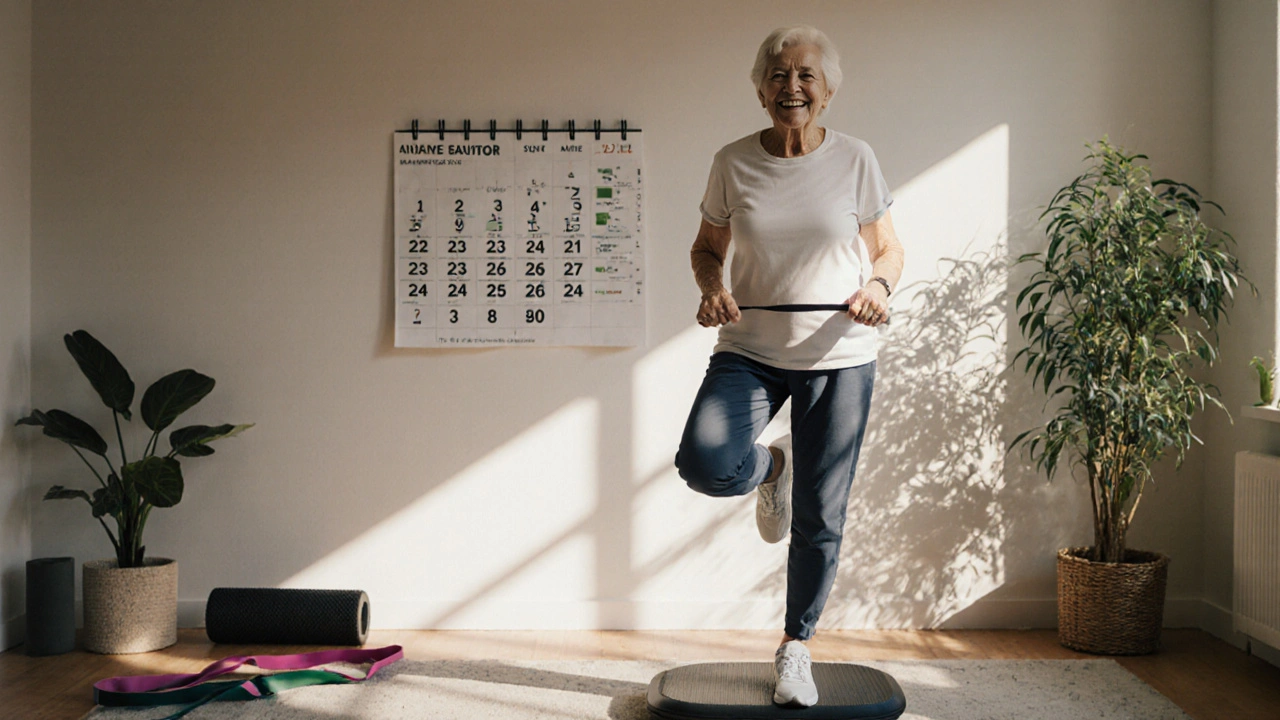 Stará žena cvičí rovnováhu doma jako součást denní rutiny.