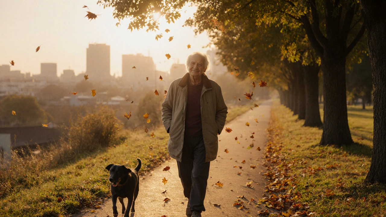 Starší člověk klidně prochází stromy ve zlatém světle.