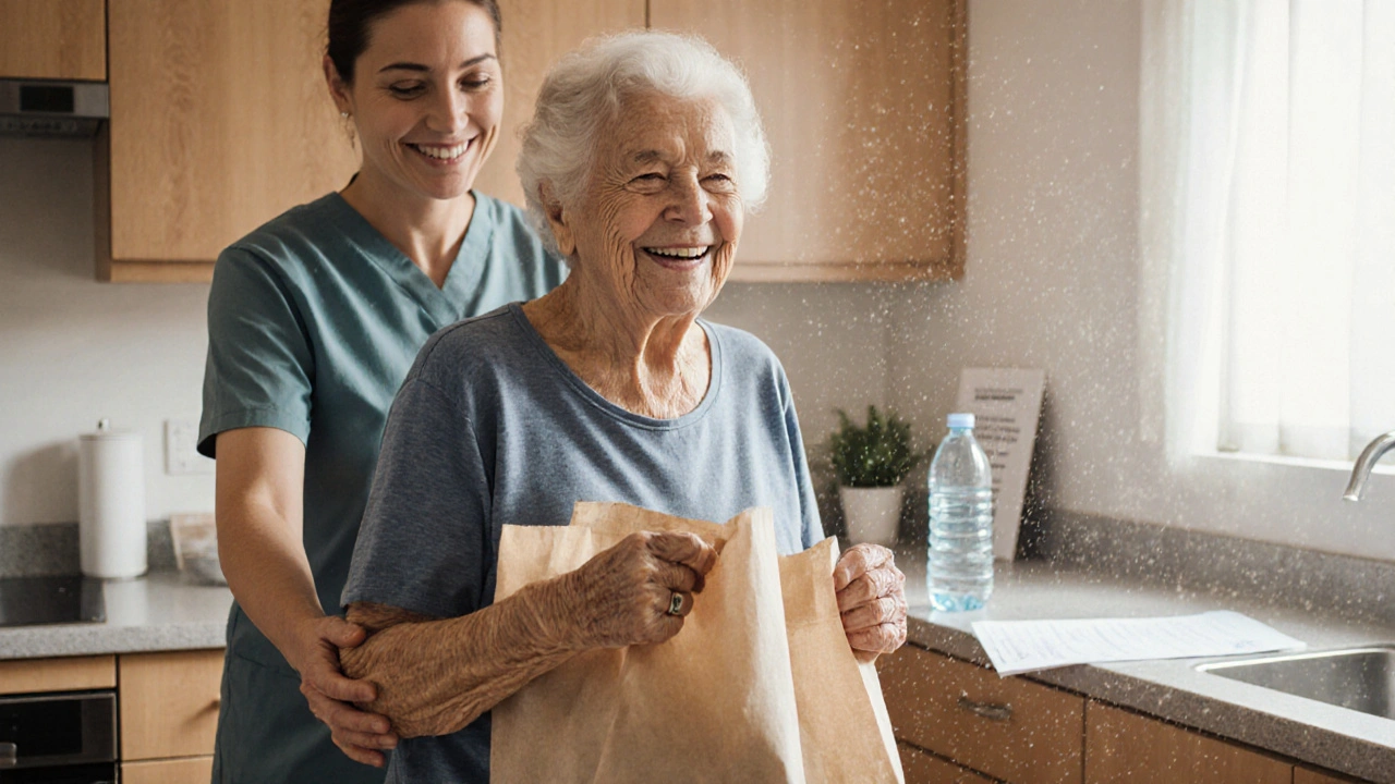 Starší žena stojí samostatně s nákupem, fyzioterapeut ji jemně koriguje.