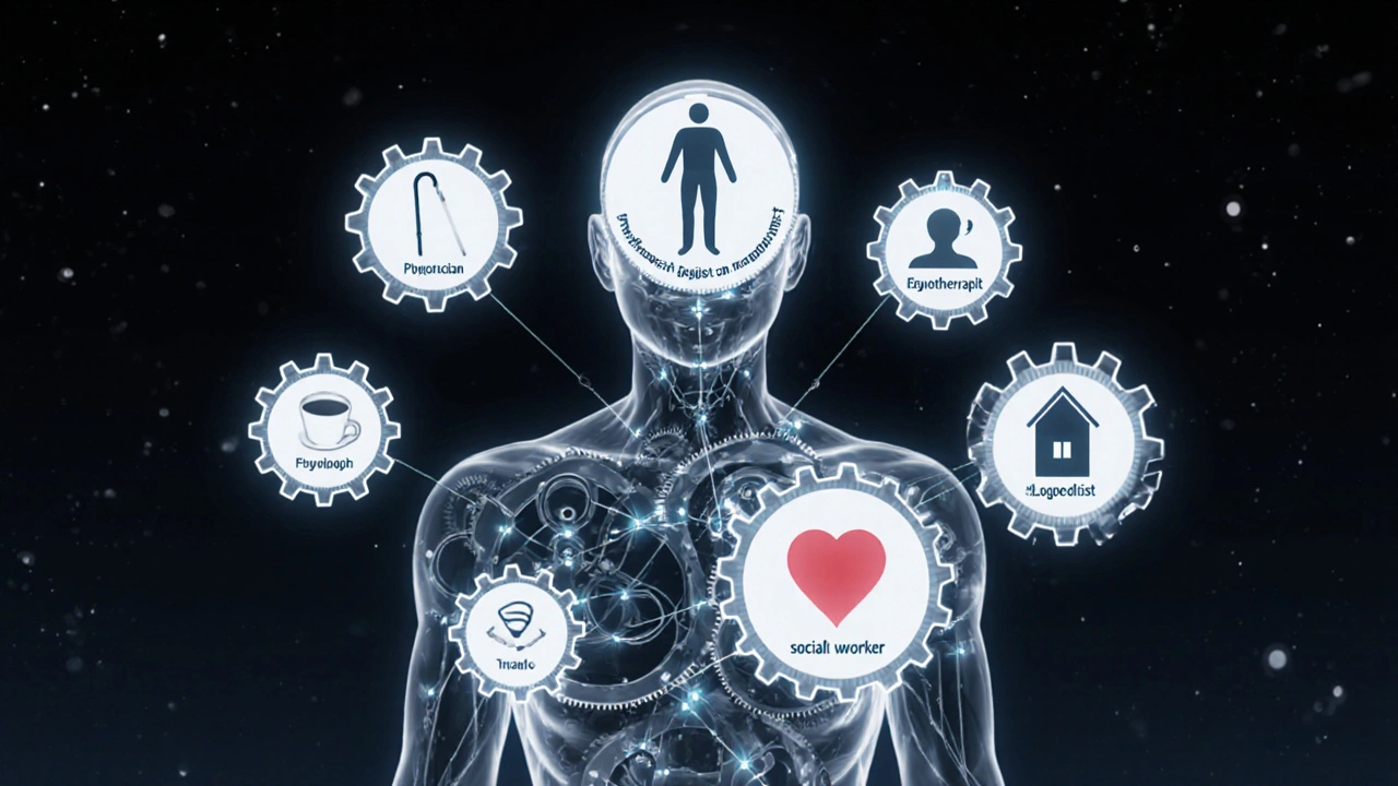 Symbolická představa týmu rehabilitačních odborníků jako propojených součástí obnovy.