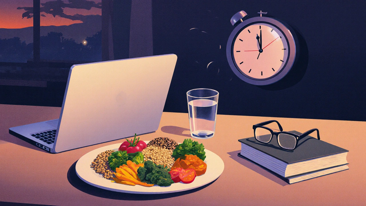 Zdravá jídla na kuchyňském stole, voda a kniha, symbolizující vyváženou výživu a odpočinek od obrazovek.