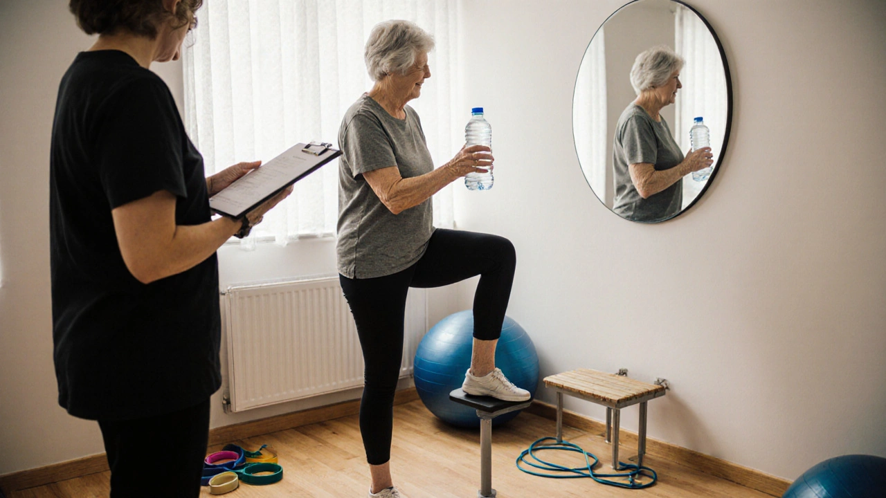 Žena cvičí rovnováhu na jedné noze v fyzioterapeutické místnosti.