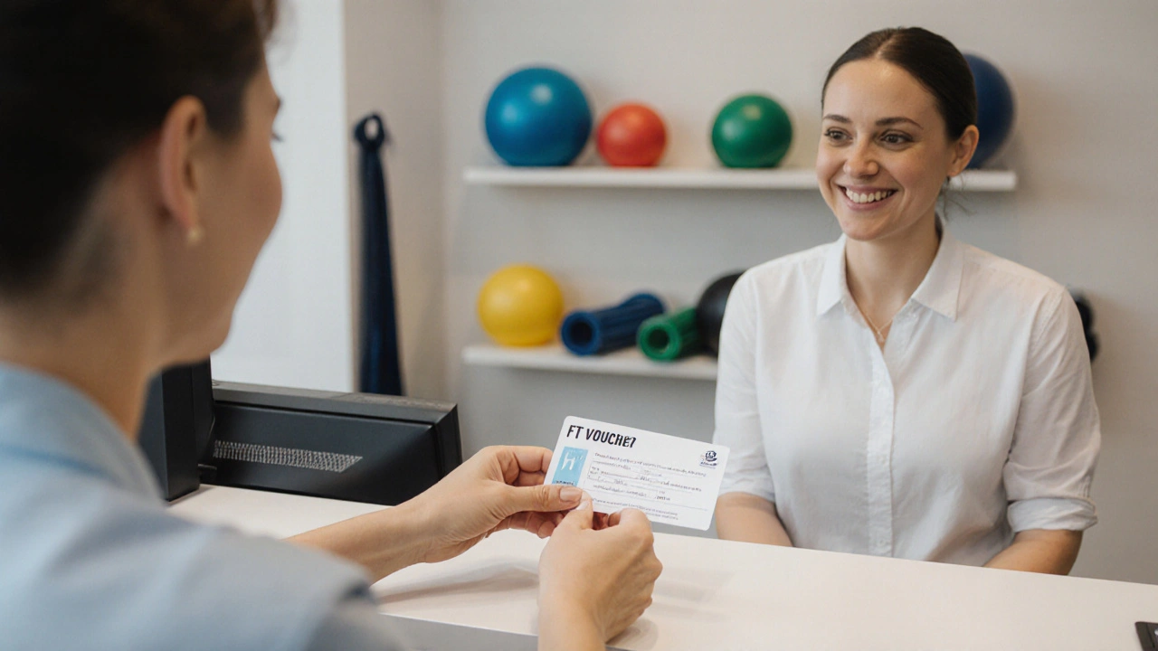 Žena podává FT poukaz na příjmu rehabilitační kliniky.