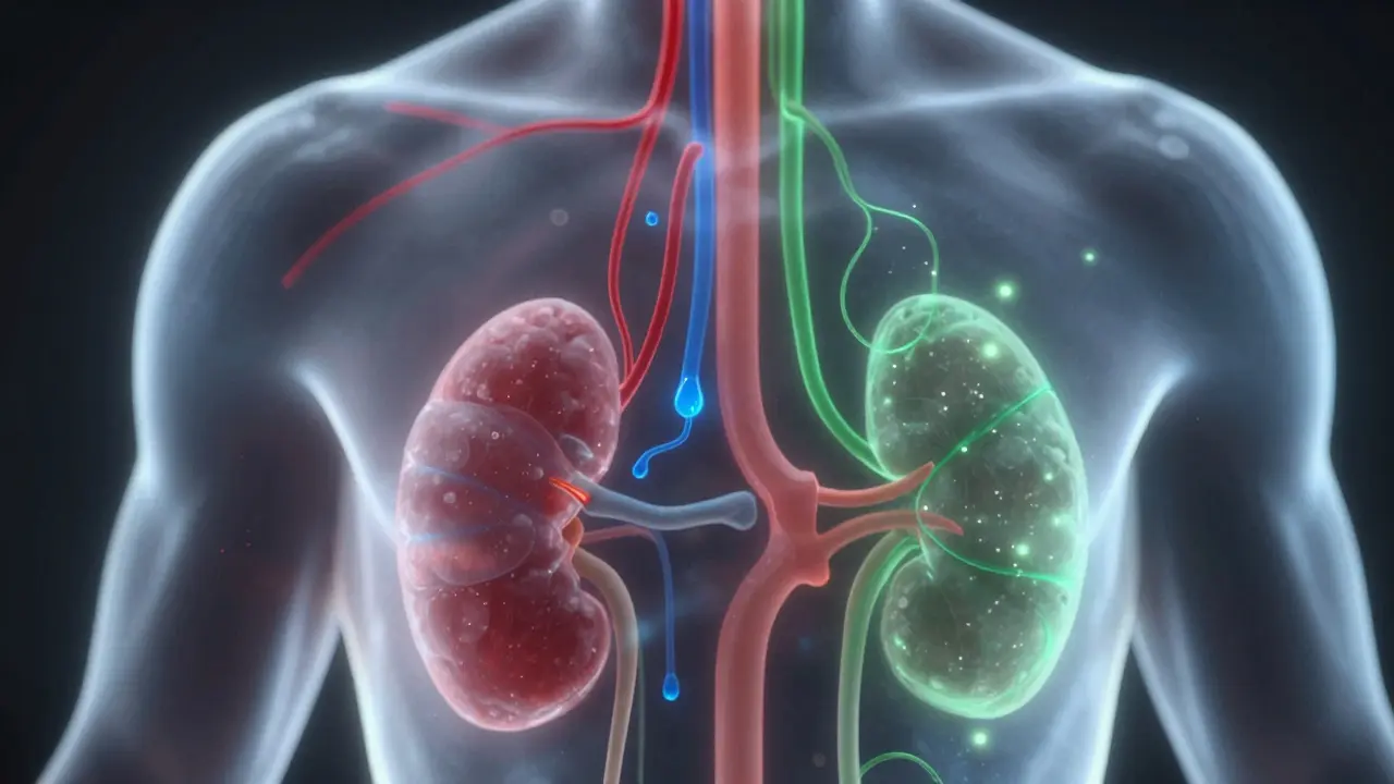 Abstraktní znázornění metabolizace léků z narkózy v těle přes játra a ledviny.
