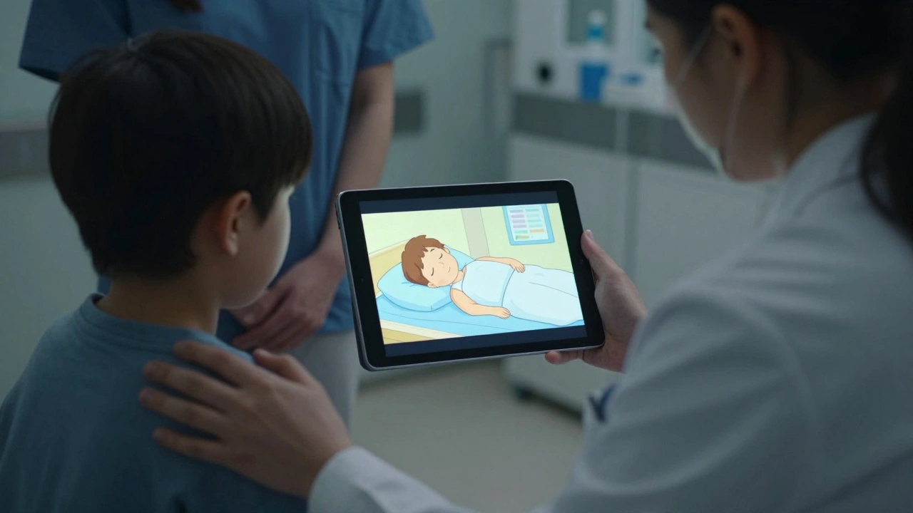 Anesteziolog ukazuje pacientovi animované video o operaci na tabletu v předoperačním prostoru.