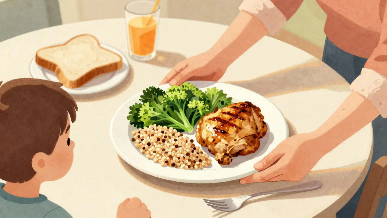 Česká rodina večeří s vyváženým jídlem, dítě si berze zdravý talíř, zpracované potraviny jsou na pozadí.