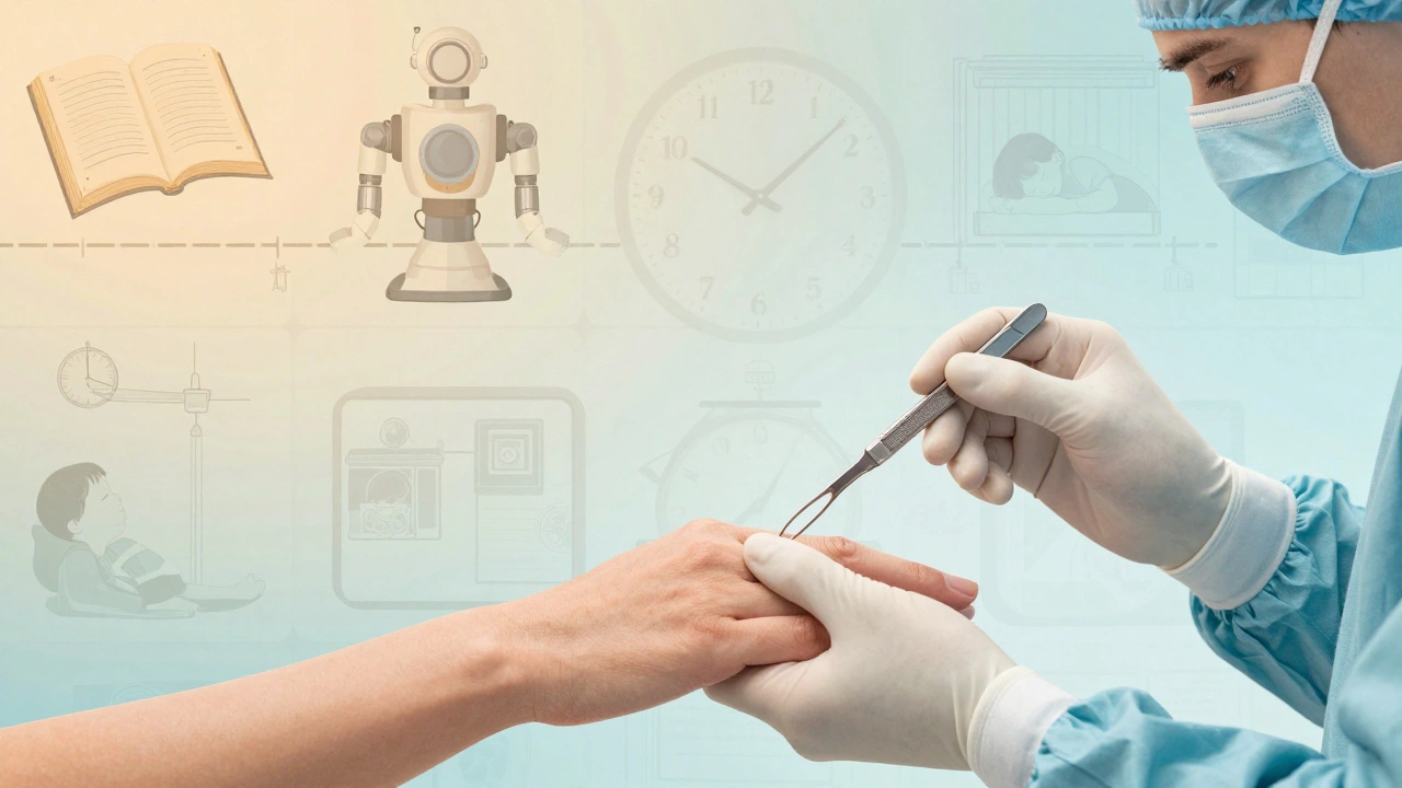 Chirurgovy ruce drží skalpel a pacientovu ruku, symbolizující odpovědnost a lidský kontakt.