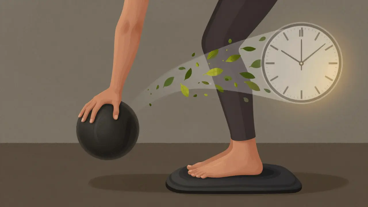 Člověk dělá rehabilitační cvičení, za ním se čas mění v listy.