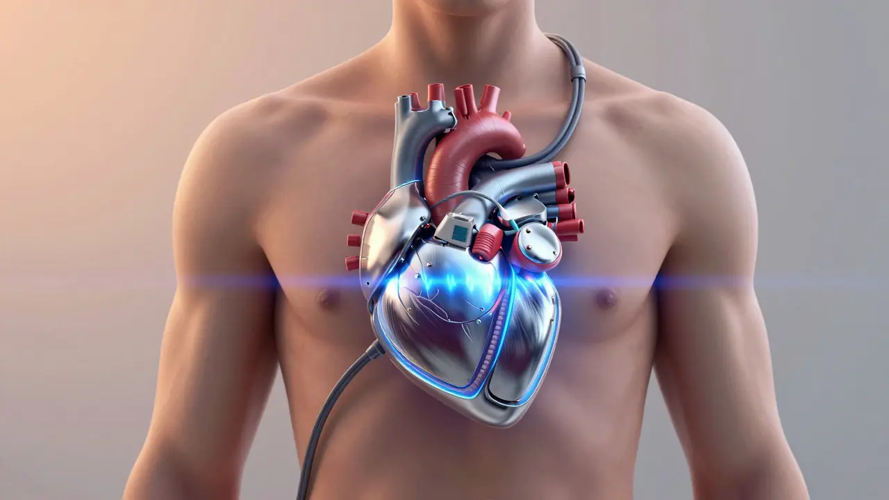 Člověk s umělým srdcem v těle, s mechanickým zařízením pulzujícím pod kůží a kabely vedoucími k bateriím.