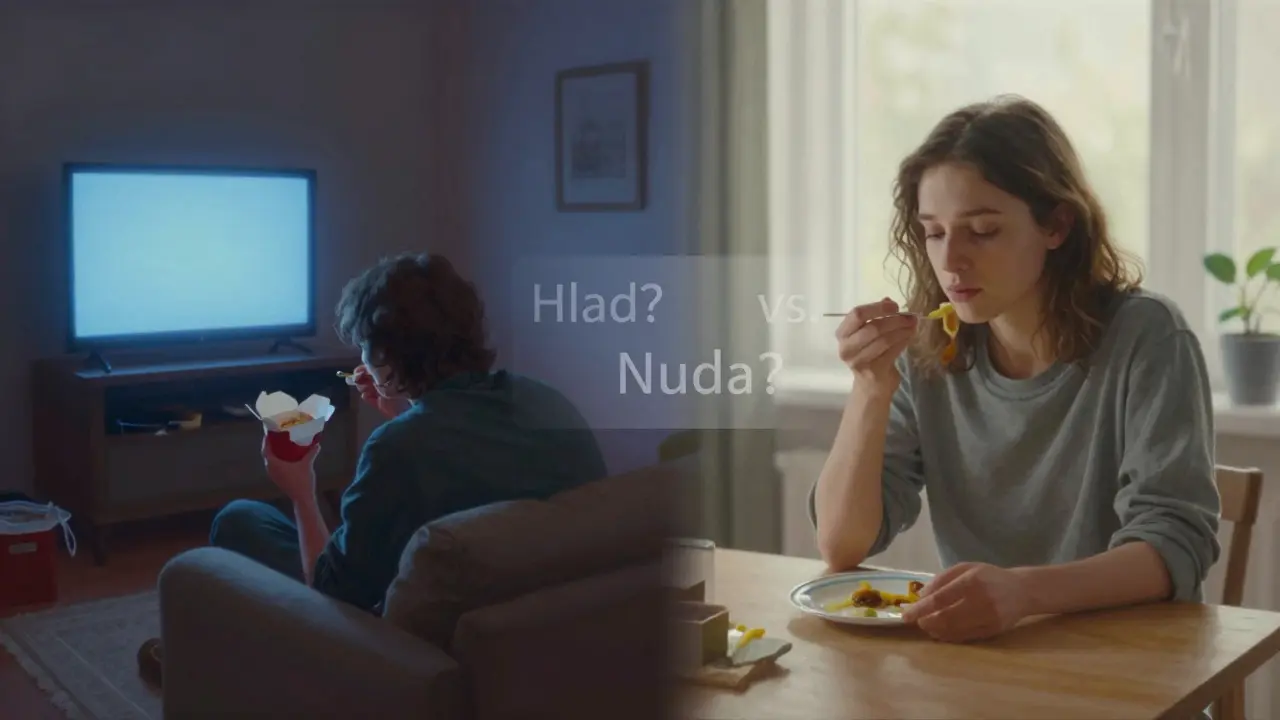 Dvě scény: jedna s jídlem před TV, druhá s klidným jídlem u stolu — kontrast emocionálního a vědomého přístupu.