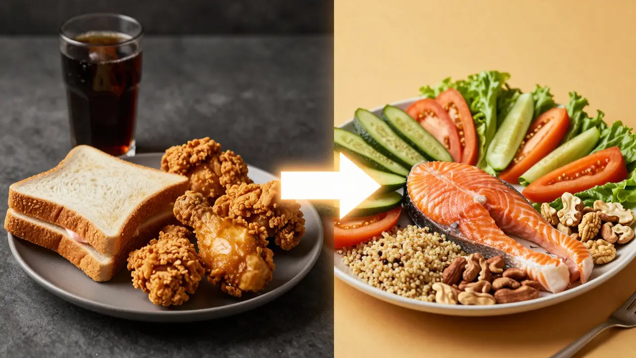 Dvě strany talíře: jedna s nezdravou stravou, druhá se zdravou, spojené světlou šipkou změny.