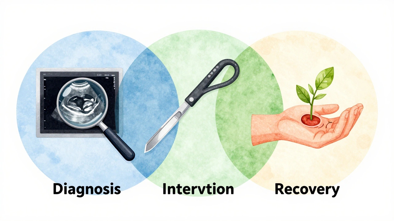 Ilustrace tří fází všeobecné chirurgie: diagnóza, zákrok a uzdravení, v měkkých vodových barvách.