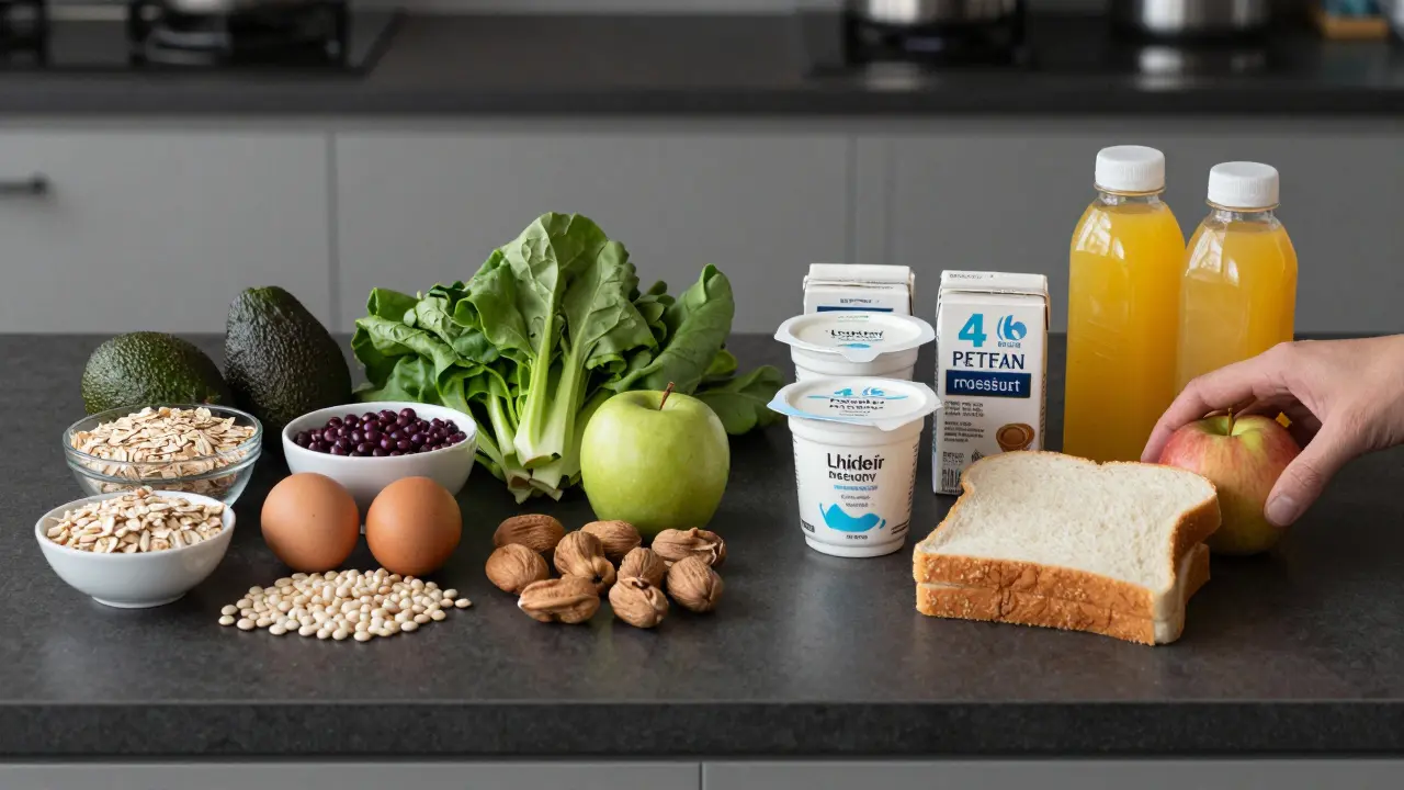 Kontrast mezi celistvými potravinami a zpracovanými výrobky na kuchyňském pokličku.