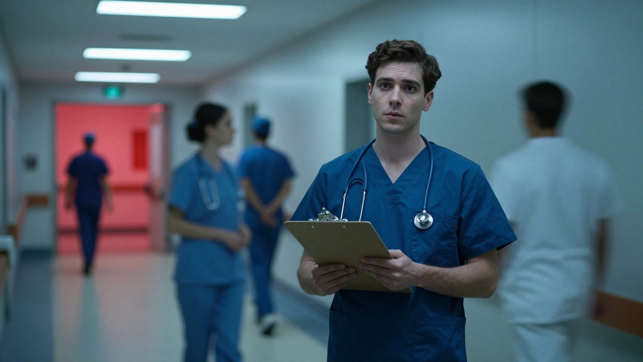 Lékařský student v nemocnici v noci, připravující se na chirurgickou praxi.