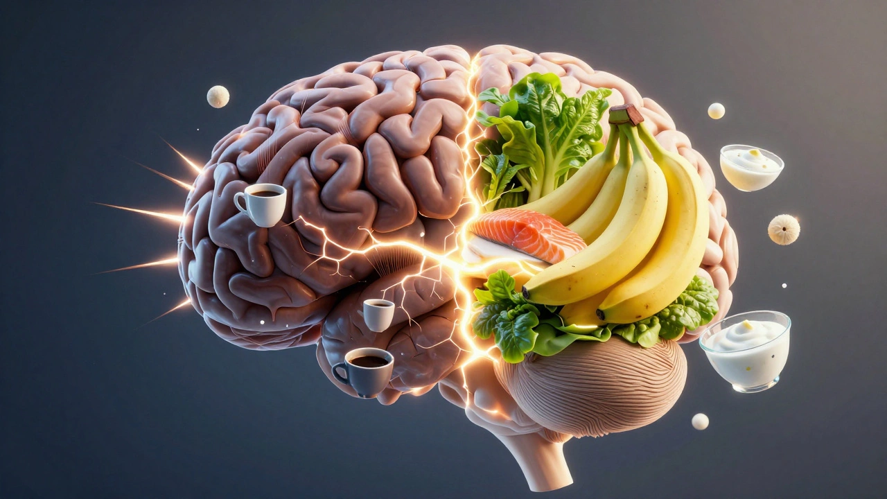 Mozek s částí naplněnou stresovými prvky a druhou částí klidnými potravinami, spojenými světelnou cestou.