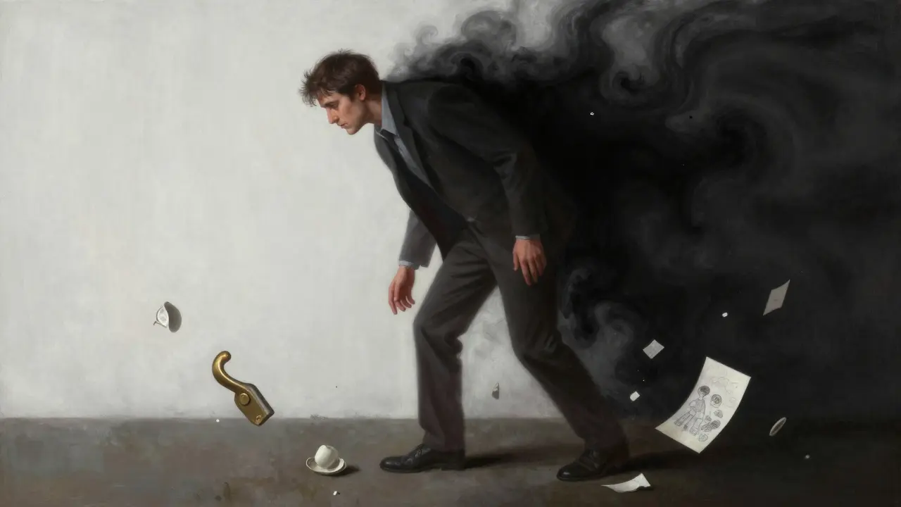 Muž vidí svět jen na polovinu, druhá polovina je černá propast, oči ženy jsou jen tečky.