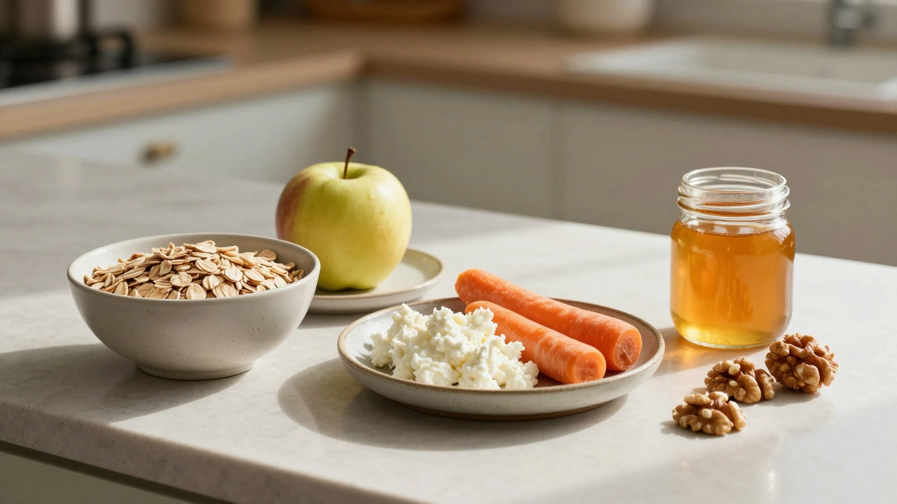 Na kuchyňském stole jsou tři jednoduché potraviny: ovesné vločky, jablko a tvaroh s mrkví.