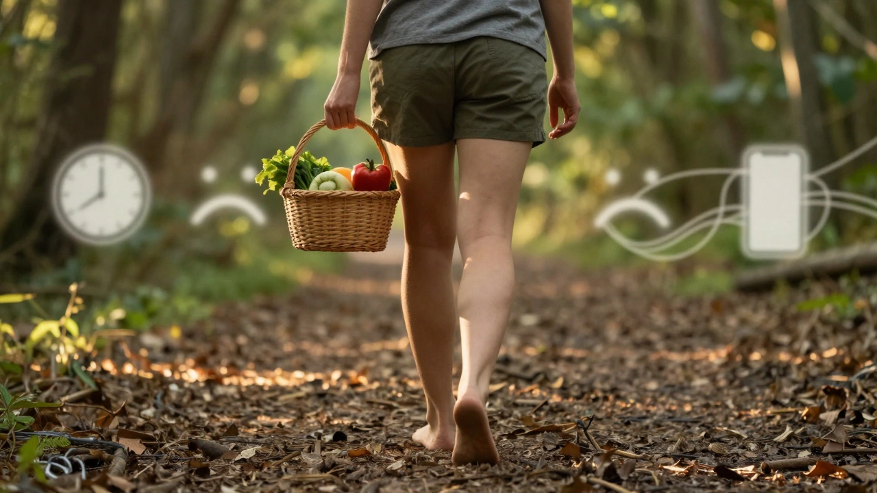 Osoba chodí bosá lesní cestou s košíkem čerstvého jídla, stresové symboly jsou rozostřené vzadu.
