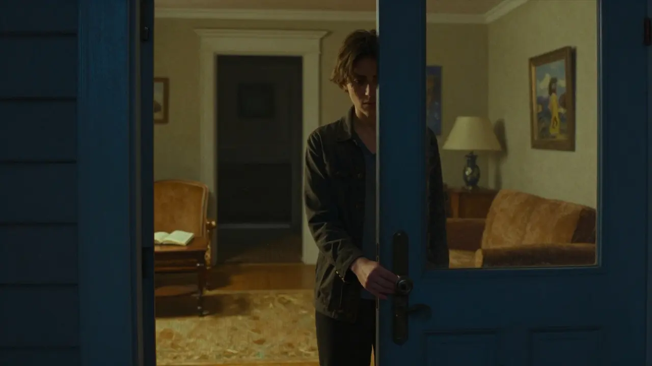 Osoba stojí na prahu domu, ruka u dveří, v pozadí teplý pokoj a temný chodbou.