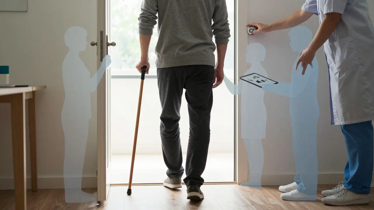 Pacient krokuje zpět k nezávislosti pod vedením týmu rehabilitačních odborníků.