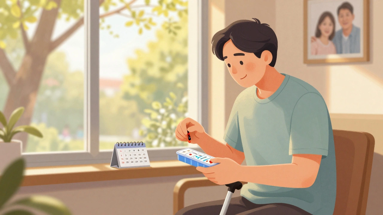 Pacient po transplantaci srdce se vrací k běžnému životu, drží léky a dívá se z okna.