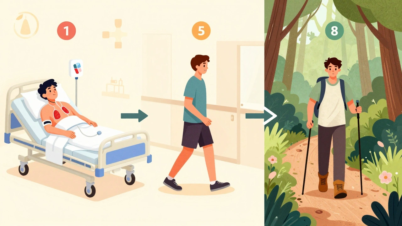 Pacient postupně obnovuje síly po operaci plic – od nemocniční postele až po chůzi v přírodě.