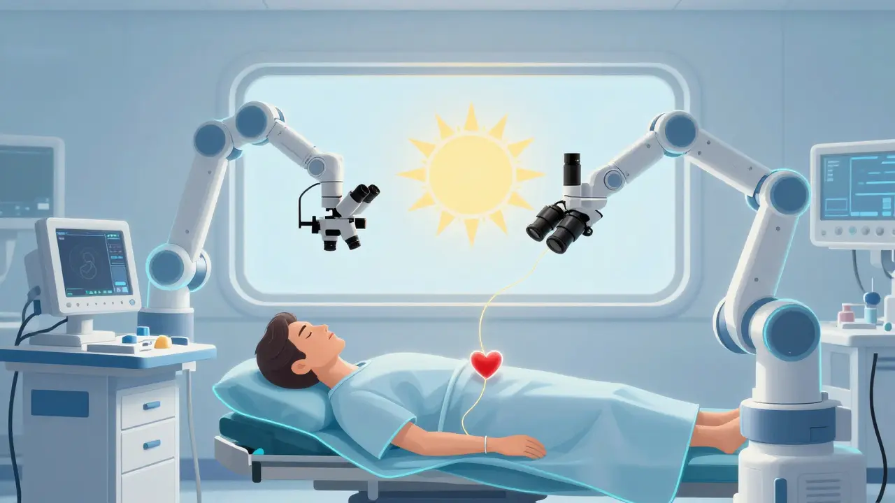 Pacient spí během operace, kolem něj svítí moderní lékařské přístroje a slunce vstupuje do operační sály.