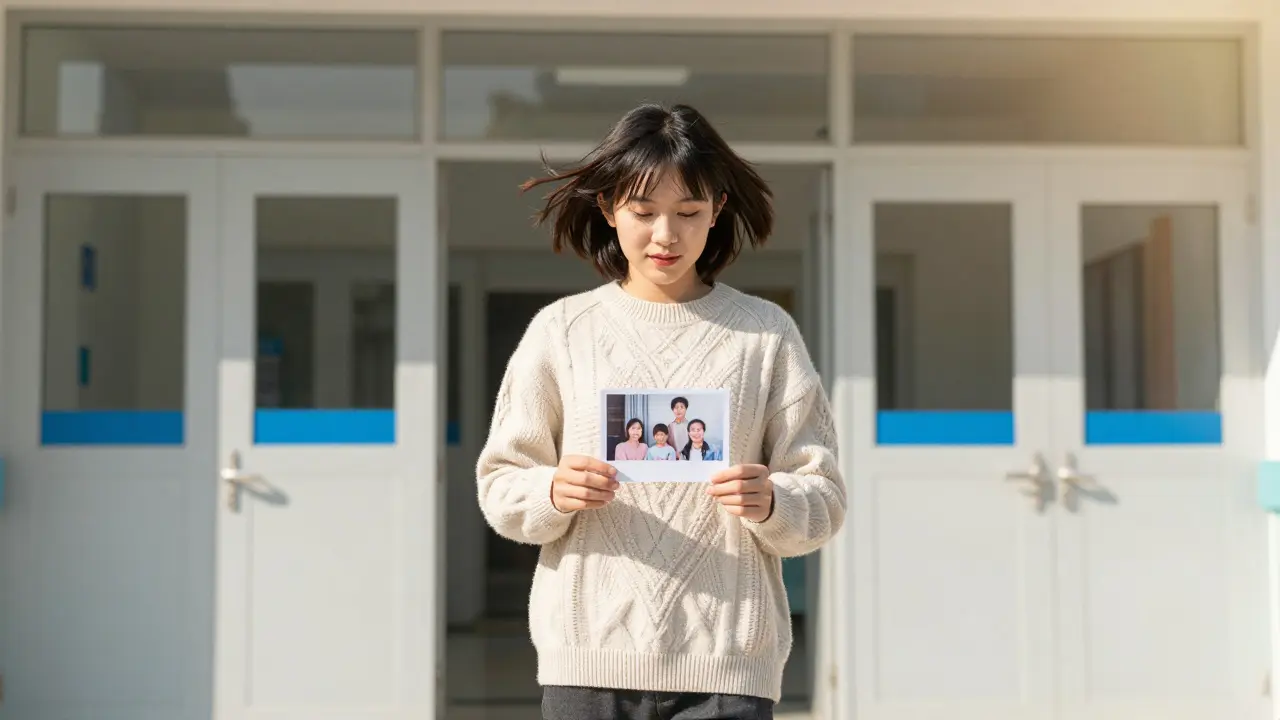 Pacient vychází z nemocnice do slunce, drží fotku rodiny, symbolizující zotavení a návrat k životu.