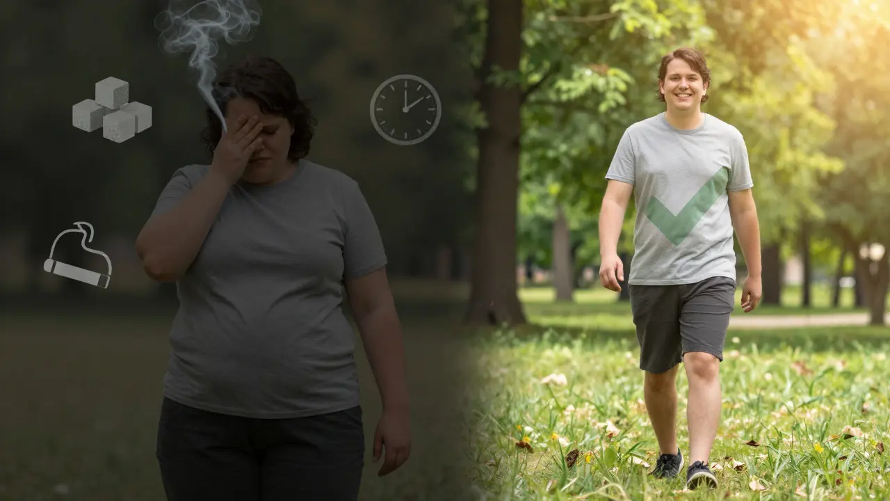 Před a po: člověk přecházející od rizikového životního stylu k zdravému prostřednictvím prevence.