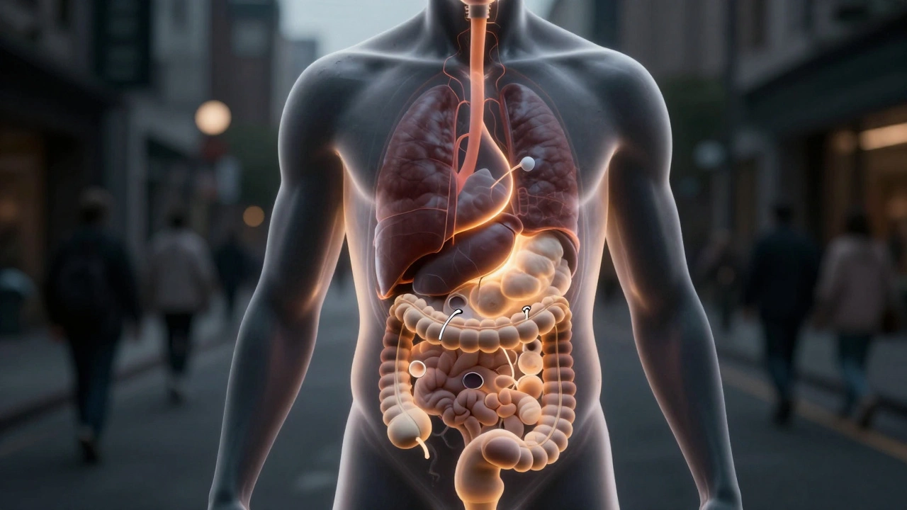 Průhledný lidský silueta s označenými orgány, které často vyžadují chirurgický zákrok.