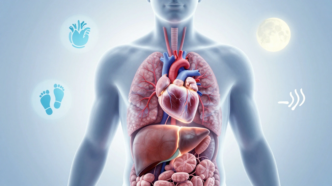 Průhledný lidský tělo s čistými orgány a symboly zdravého životního stylu, jako zelenina, kroky a dech.