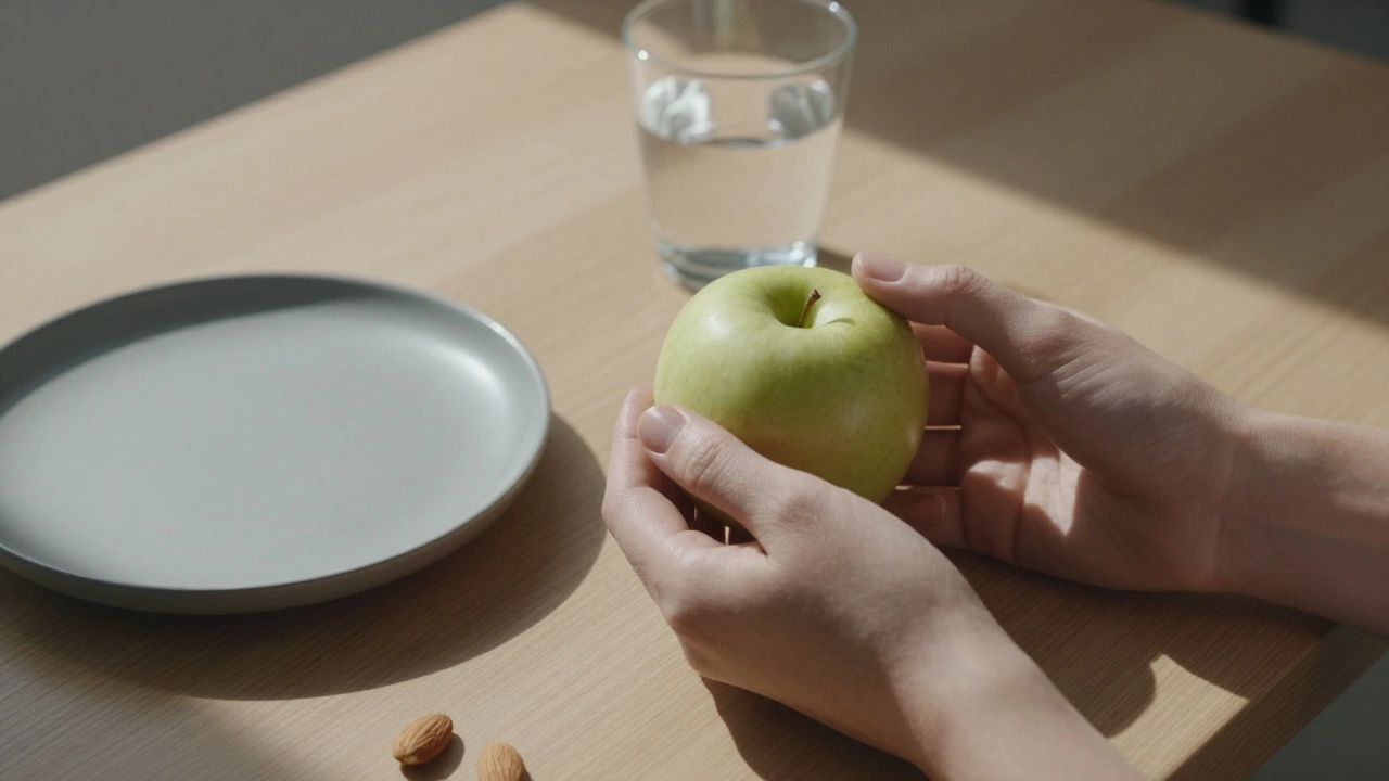 Ruce drží jablko a ořechy vedle prázdného talíře a sklenice vody, symbolizující vědomé jídlo mezi hlavními jídy.