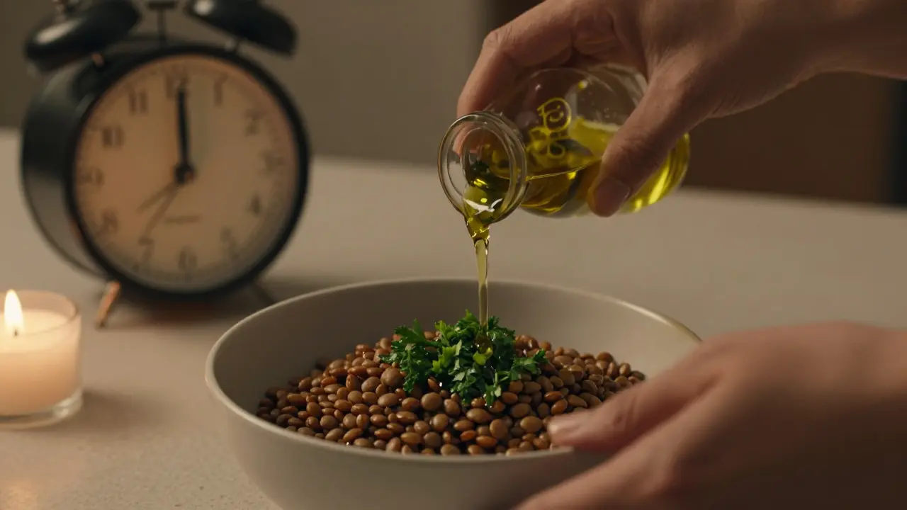 Ruce připravují večerní jídlo z fazolí s olejem a petrželkou za slabého světla svíčky.