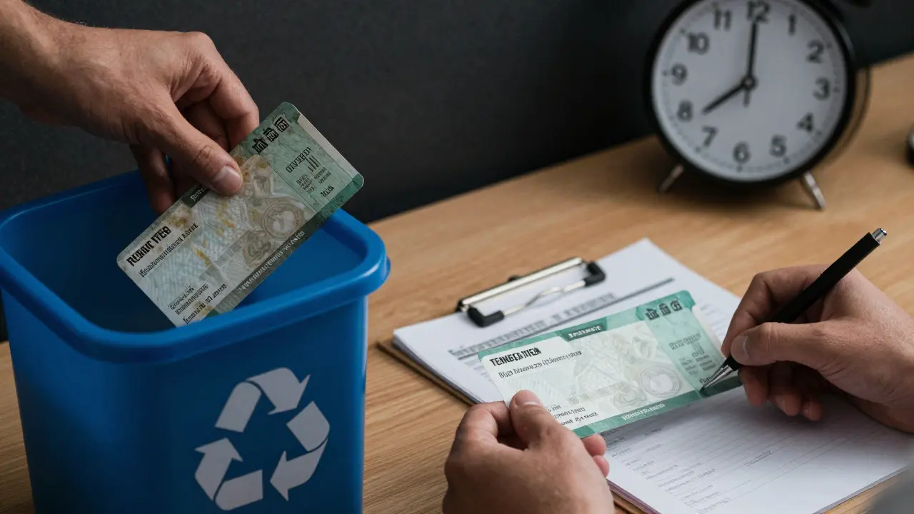 Ruka hází vypršelý poukaz do koše, druhá ruka přijímá nový od lékaře.