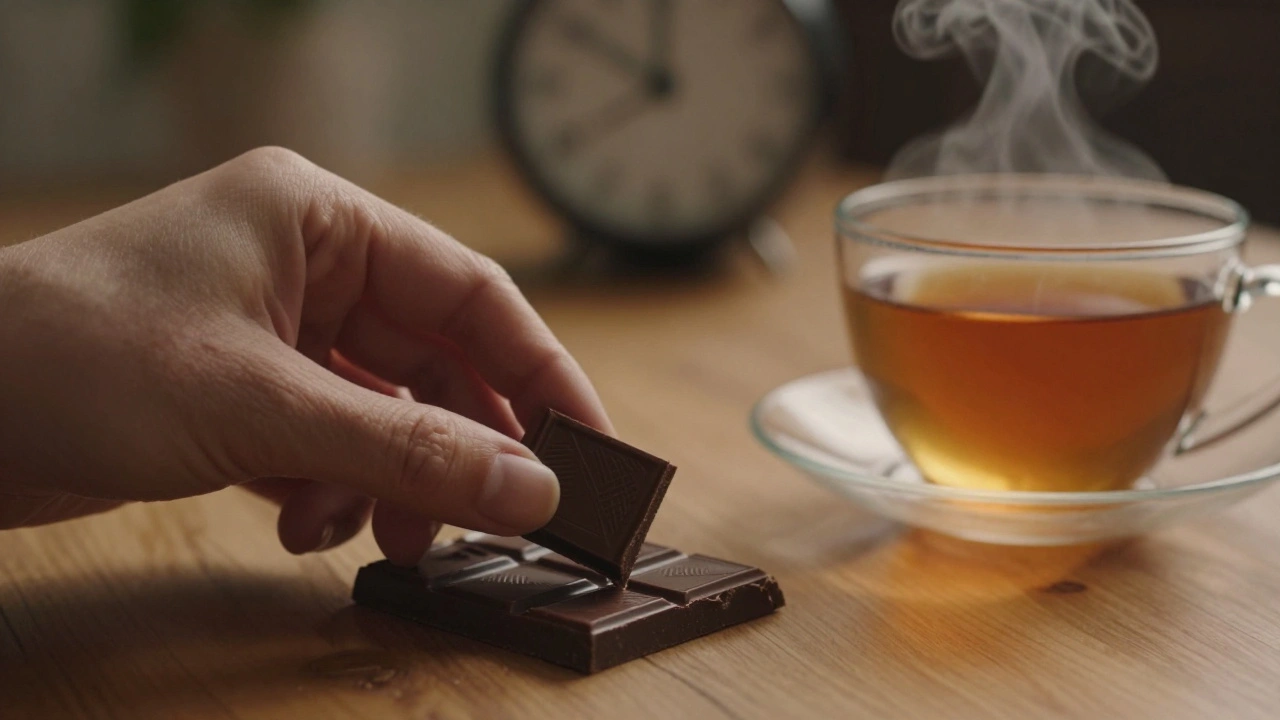 Ruka klidně klade kousek černé čokolády vedle šálku čaje v klidné kuchyni.